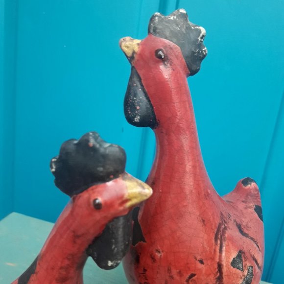 Chickens Rooster Bird Figurines Set of 2 Glazed Pottery Clay Crackled Vintage - Picture 8 of 17